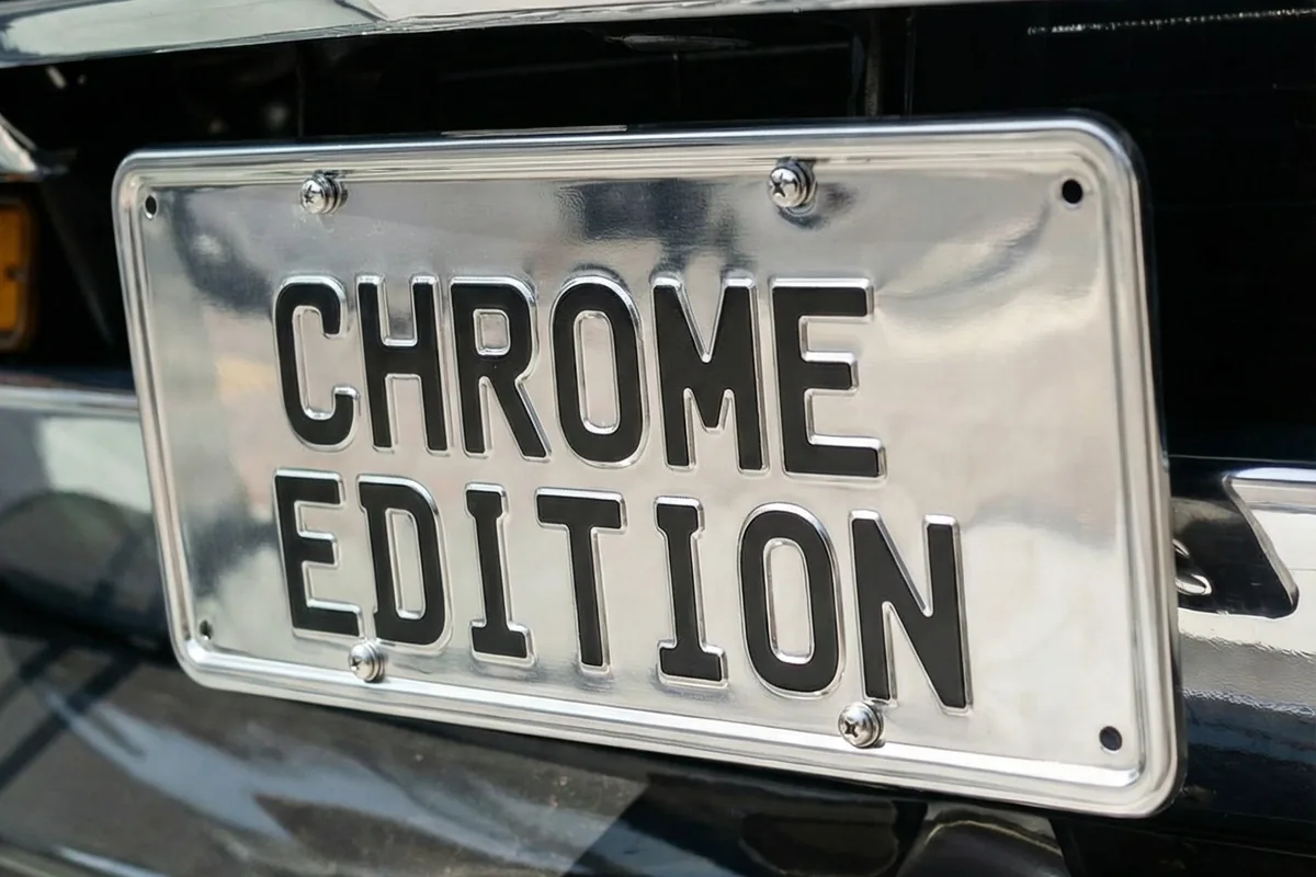 Placa dianteira de metal polido escrita CHROME EDITION em letras pretas de bloco, no para-choque do Maverick.