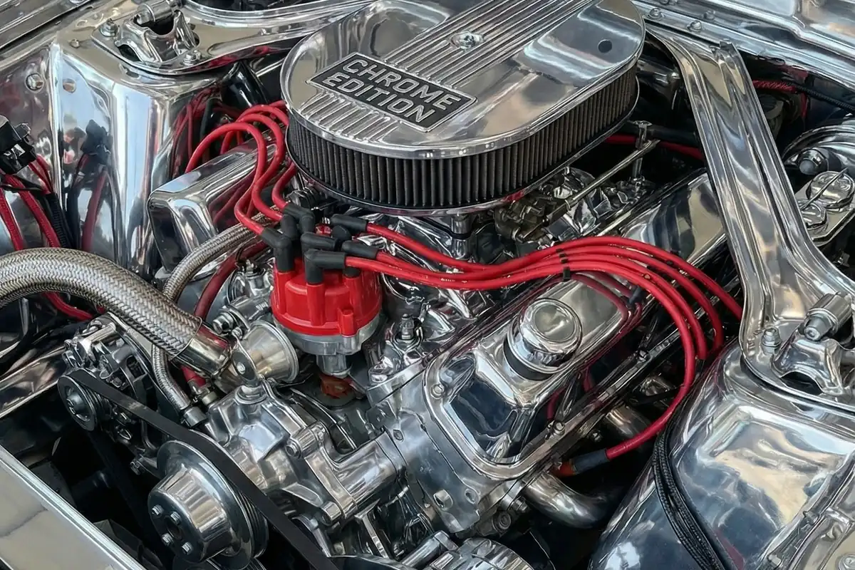 Motor V8 do Maverick conceito com filtro de ar circular cromado escrito CHROME EDITION e cabos de vela vermelhos.
