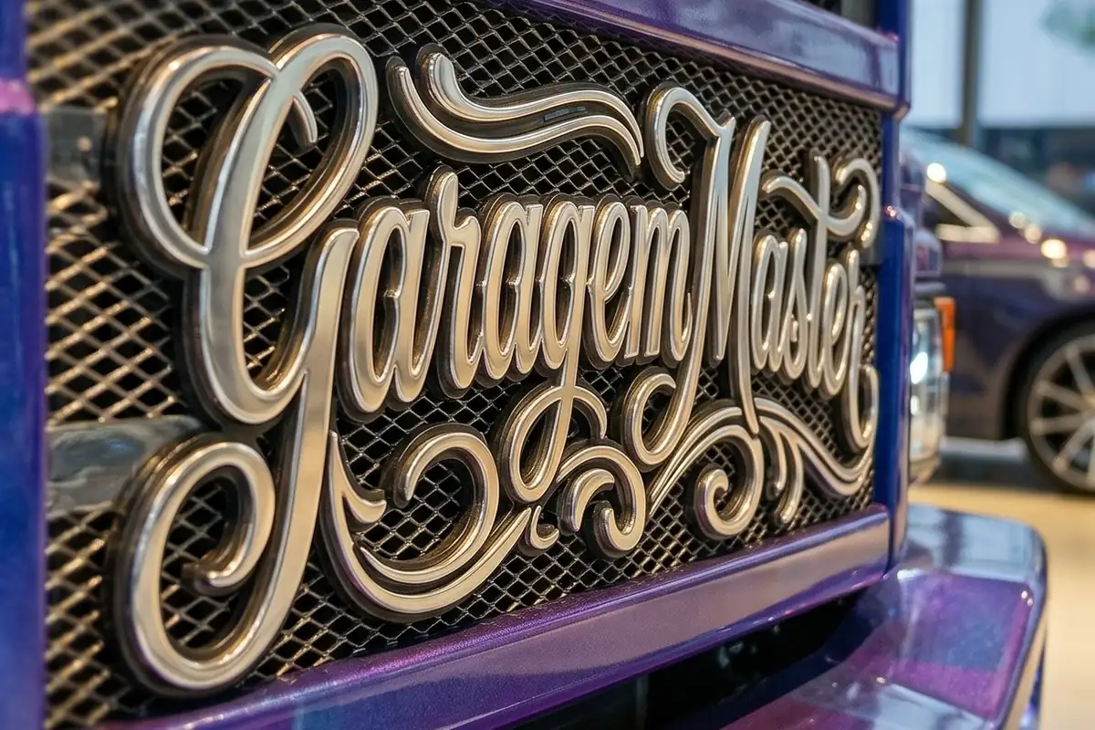 Letreiro Garagem Master em cursiva dourada com relevo, aplicado na grade da Scania.