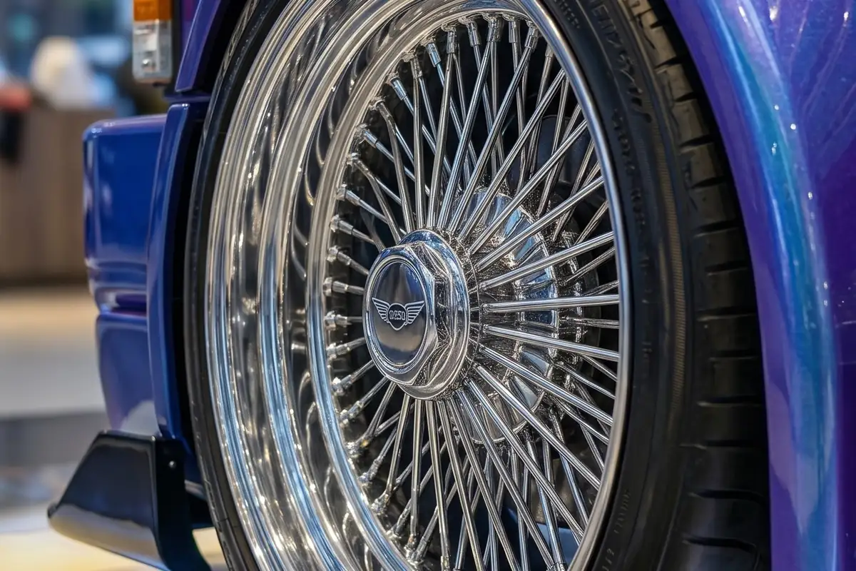 Roda de raios cromados da Scania conceito, com pneu baixo e para-lama roxo acima.