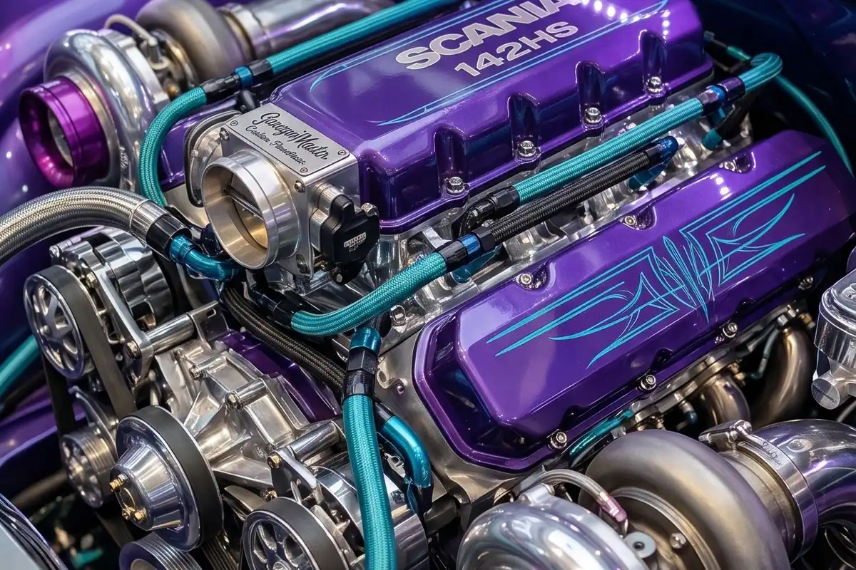 Motor V8 da Scania conceito com tampas roxas filetadas e dois turbos com tubulação turquesa.