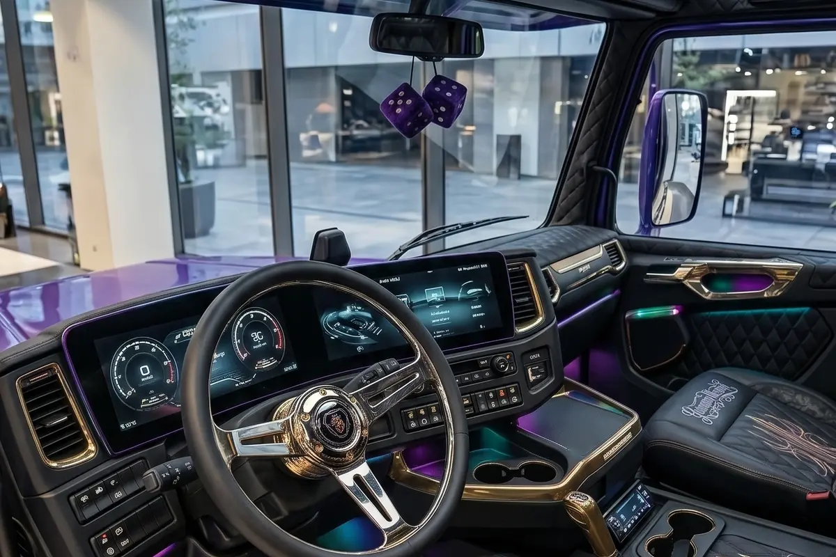 Posto de direção da Scania conceito com painel digital duplo e volante de raios dourados.