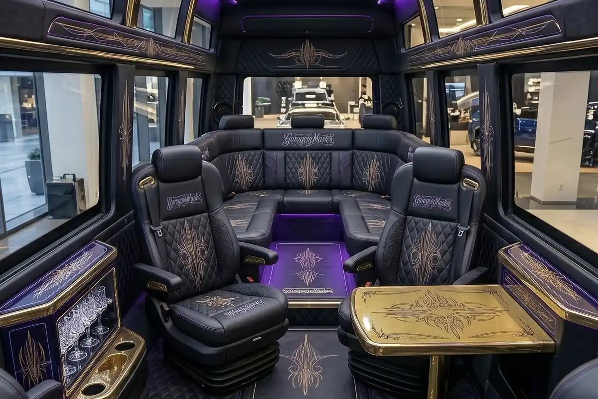 Lounge traseiro da Scania conceito, com bancos giratórios de couro capitonê e mesa dourada.