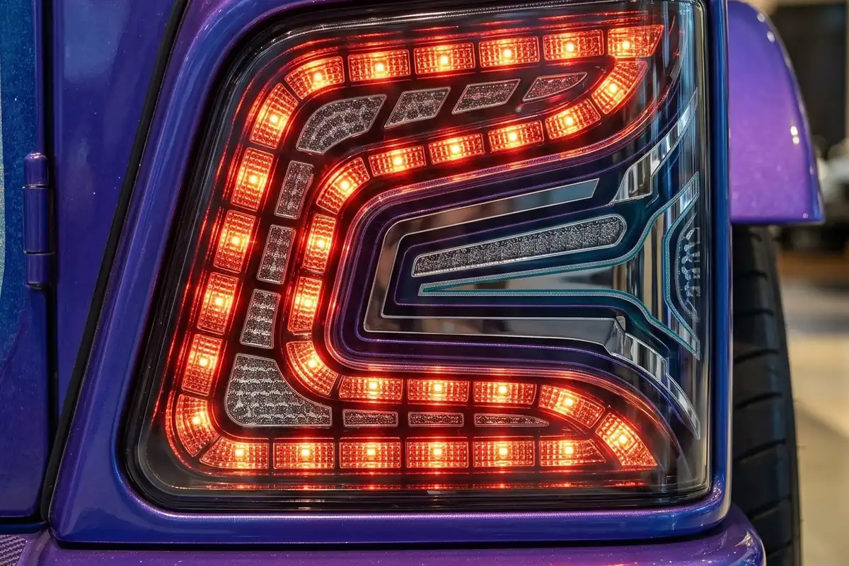 Lanterna traseira quadrada da Scania conceito, com segmentos de LED vermelhos acesos.