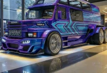 Scania 142HS Purple Haze: a lenda do asfalto recriada por IA Scania 142HS em pintura candy roxa vista em três quartos dentro de um salão envidraçado.