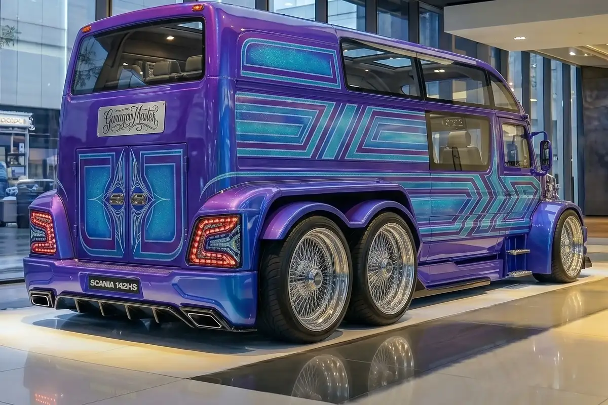 Vista traseira em três quartos da Scania 142HS conceito, com grafismos turquesa na lateral.
