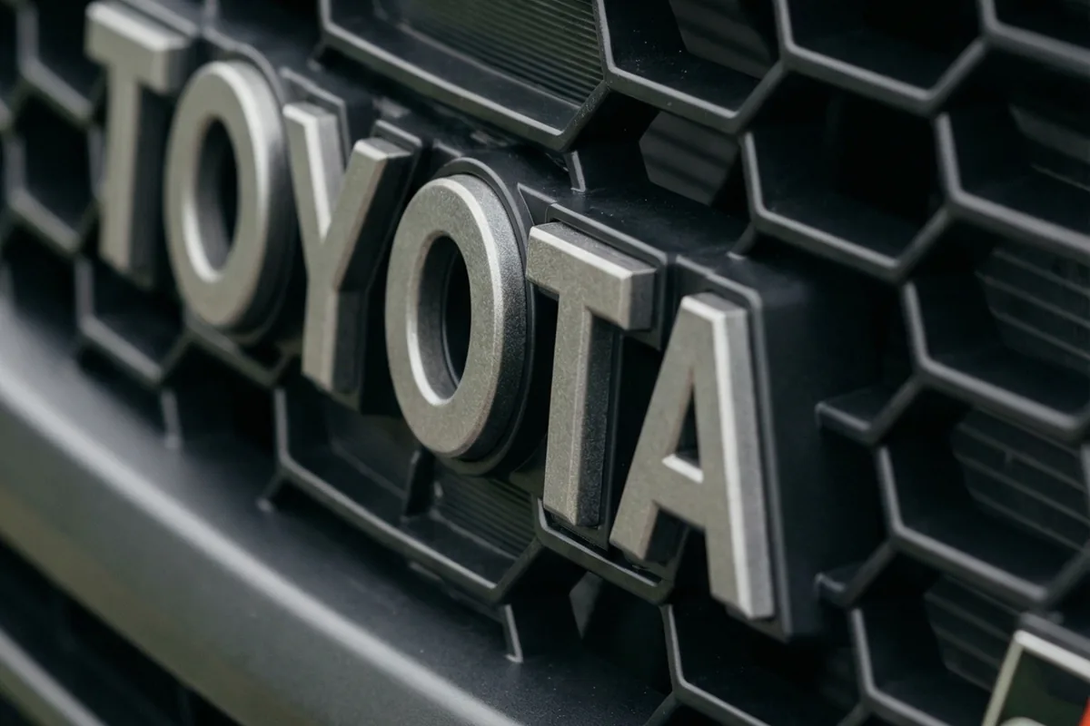 Grade escura do Bandeirante conceito com a palavra TOYOTA em letras grandes e vazadas.