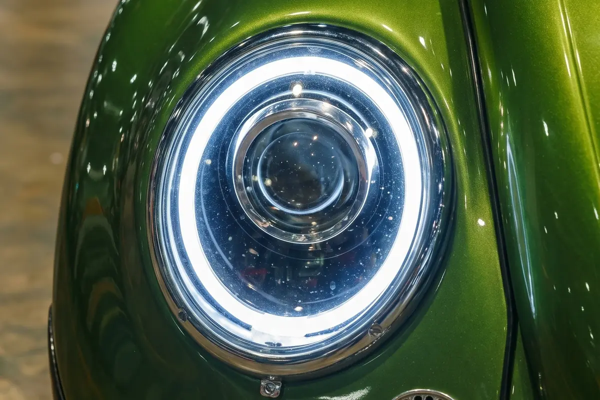 Farol redondo do Fusca com anel de LED branco ao redor da lente, sobre para-lama verde metálico.