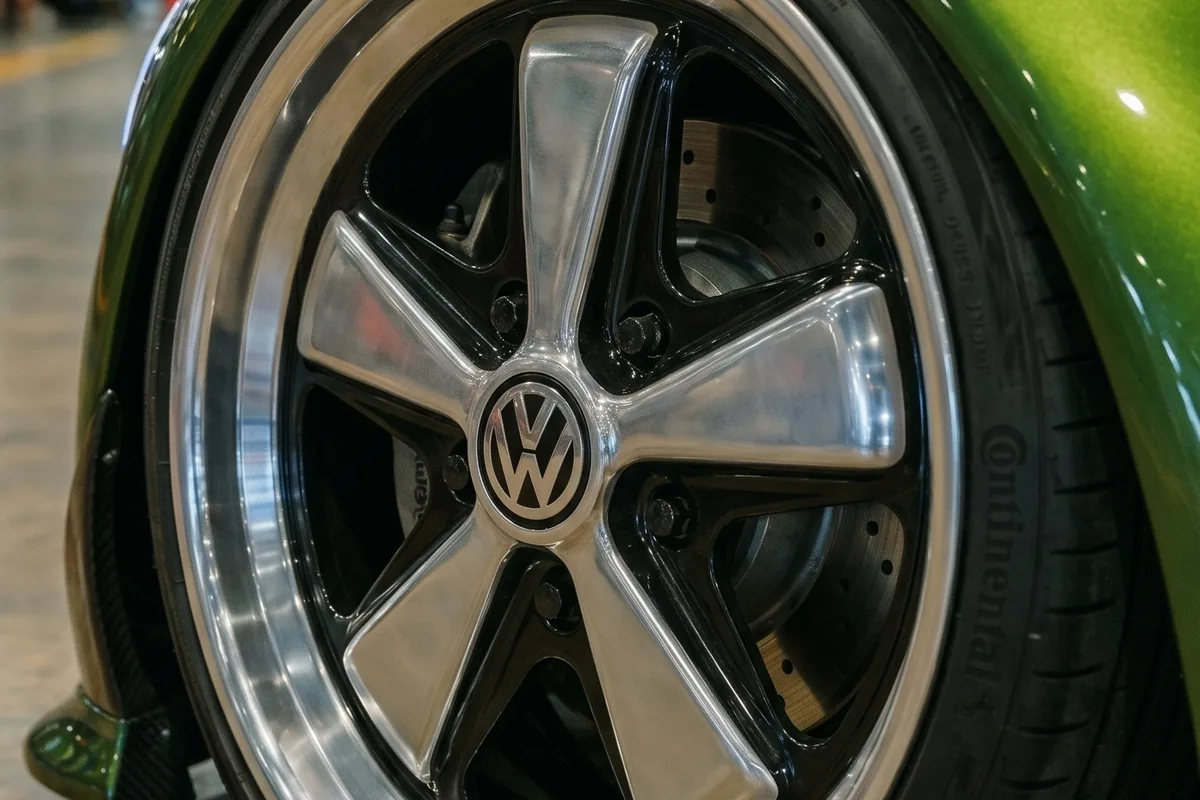 Roda polida de cinco raios com emblema VW ao centro, pneu Continental e para-lama verde ao redor.