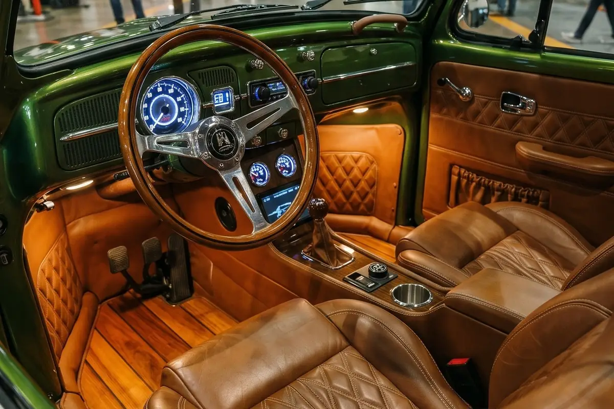 Interior do Fusca perua em couro caramelo capitonê, com assoalho de madeira e painel pintado de verde.