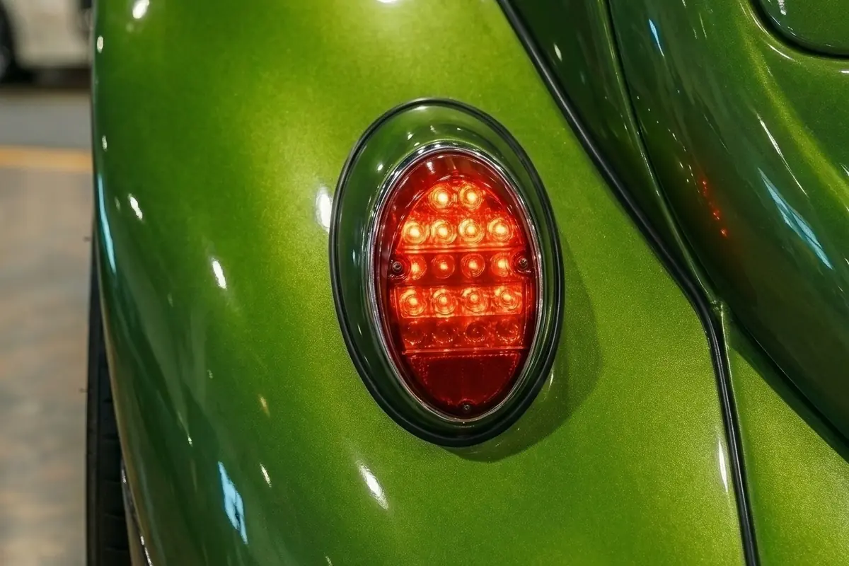 Lanterna traseira redonda com elementos de LED vermelhos acesos, sobre carroceria verde metálica.