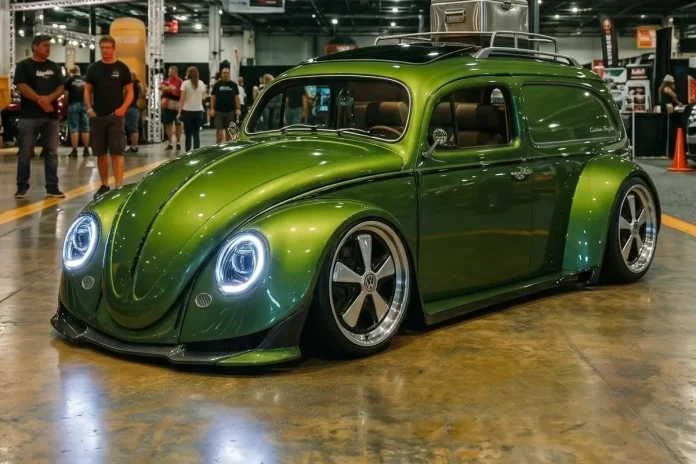 Volkswagen-Fusca-Station-Wagon-Verde-13 Volkswagen Fusca verde metálico em carroceria perua, visto em três quartos dianteiro e rebaixado sobre rodas polidas.