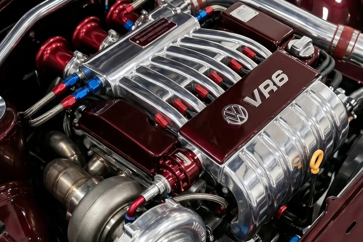Motor VR6 turbinado no vão do Gol conceito, com coletor largo cobrindo o cabeçote.