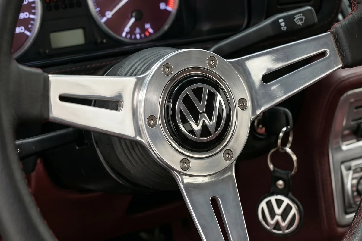 Volante de três raios furados com emblema da Volkswagen ao centro, no Gol conceito.