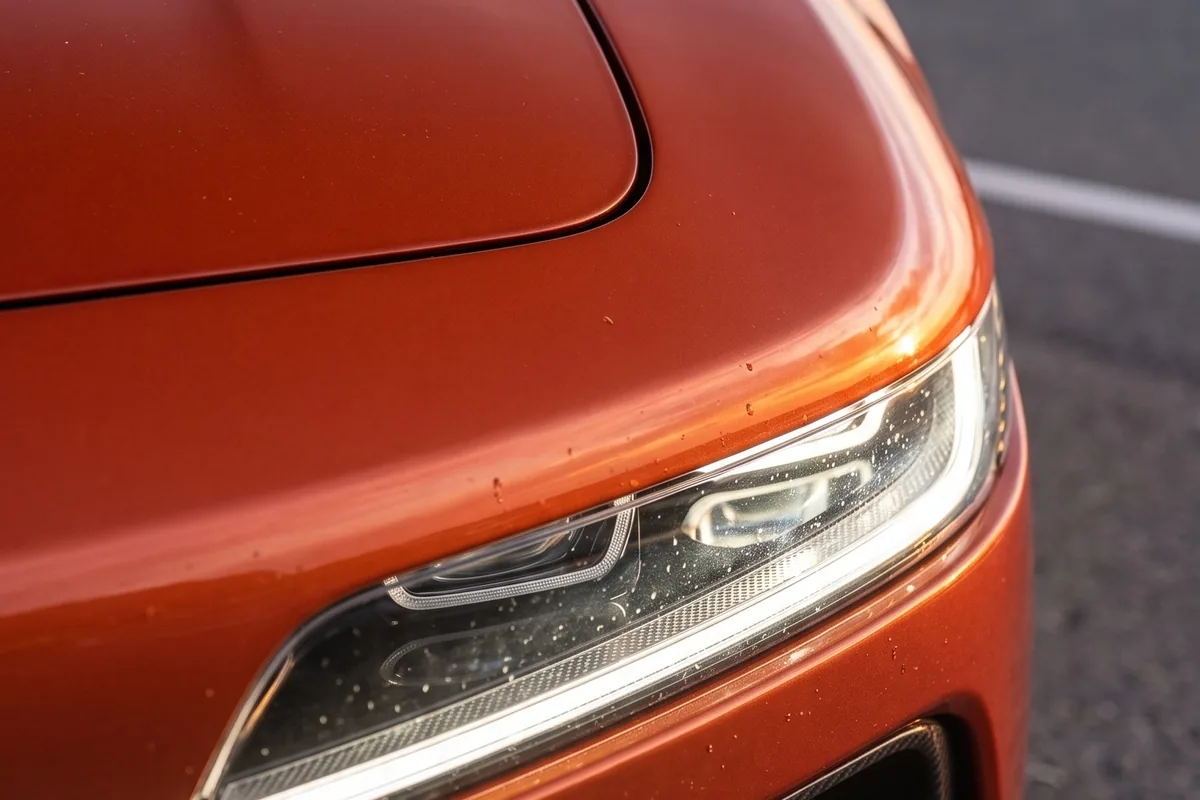 Detalhe do farol dianteiro LED do Volkswagen SP2 EV laranja, com capô em evidência e piso ao fundo
