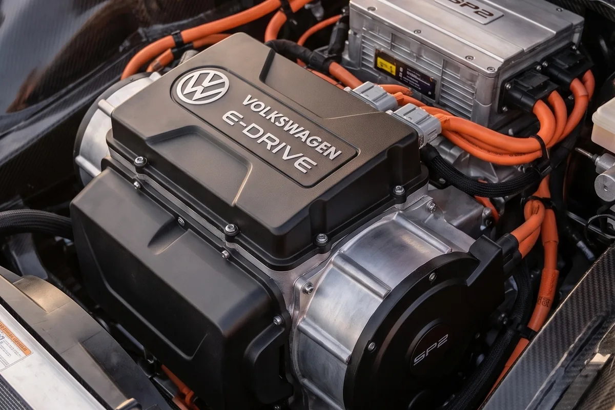 Motor elétrico Volkswagen E-Drive do SP2 EV com cabos laranja, emblema VW e inscrição 