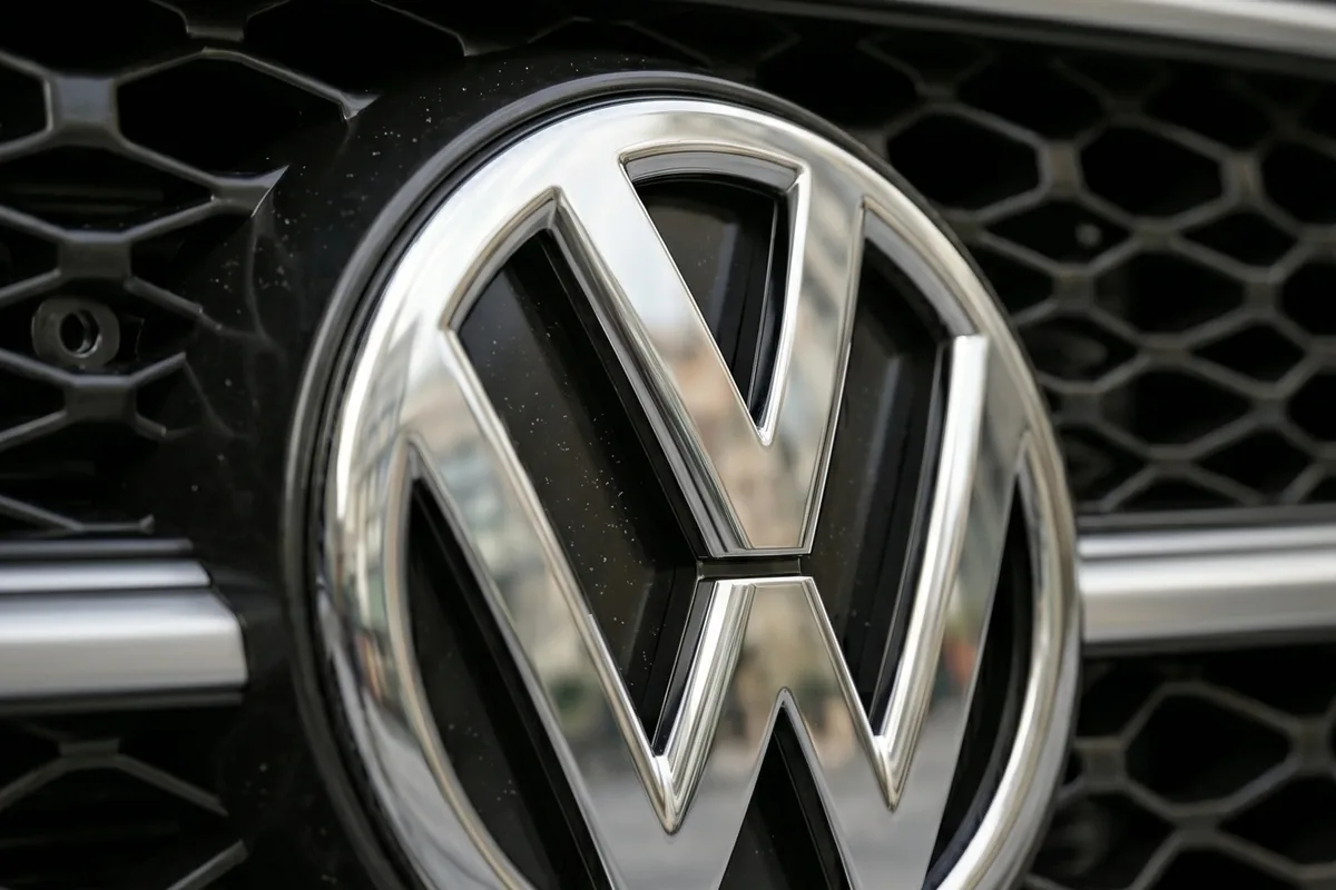 Emblema cromado da Volkswagen em tamanho grande, centralizado na grade colmeia escura do Santana conceito.