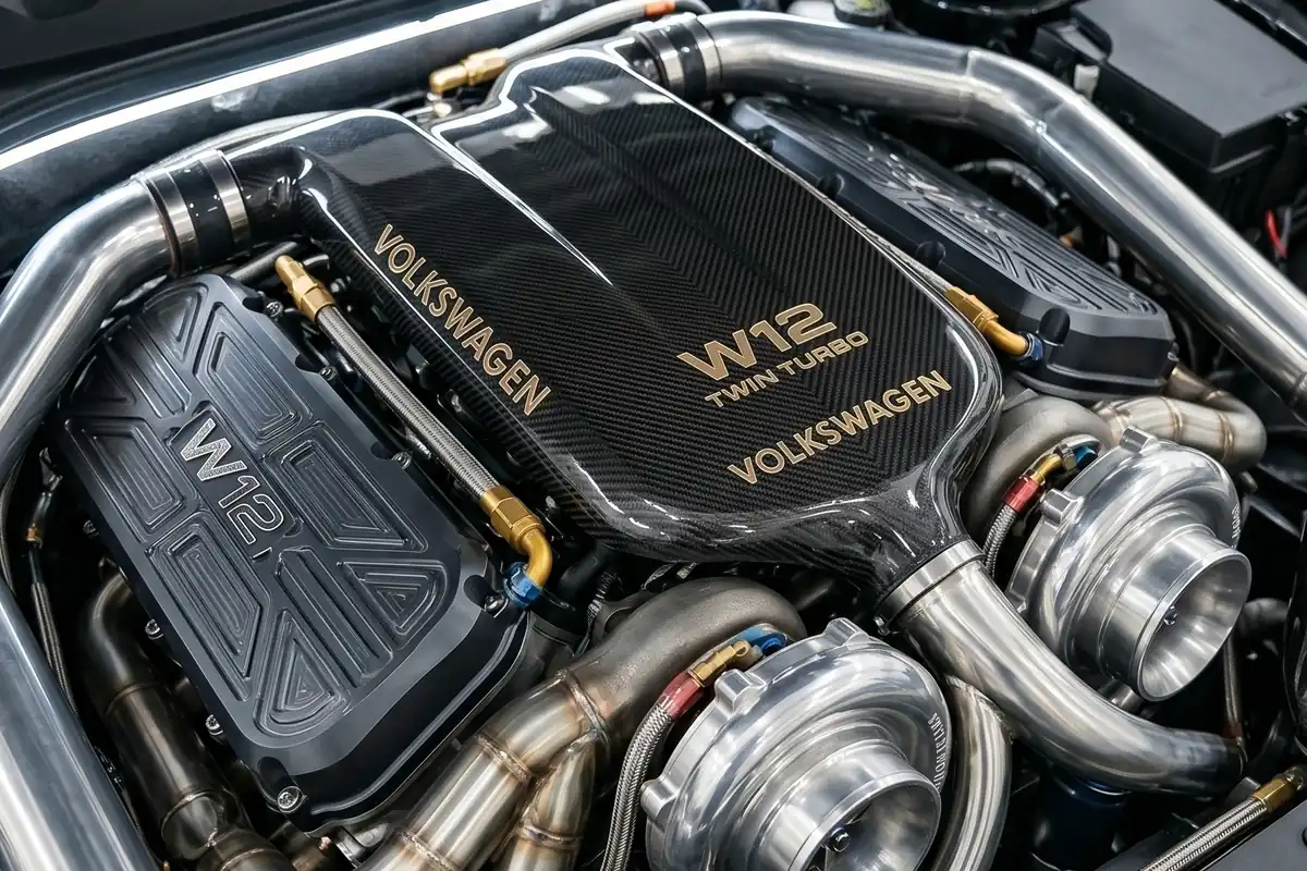 Motor W12 biturbo exposto no cofre do Santana conceito, com tampa escrita W12 TWIN TURBO e duas turbinas.