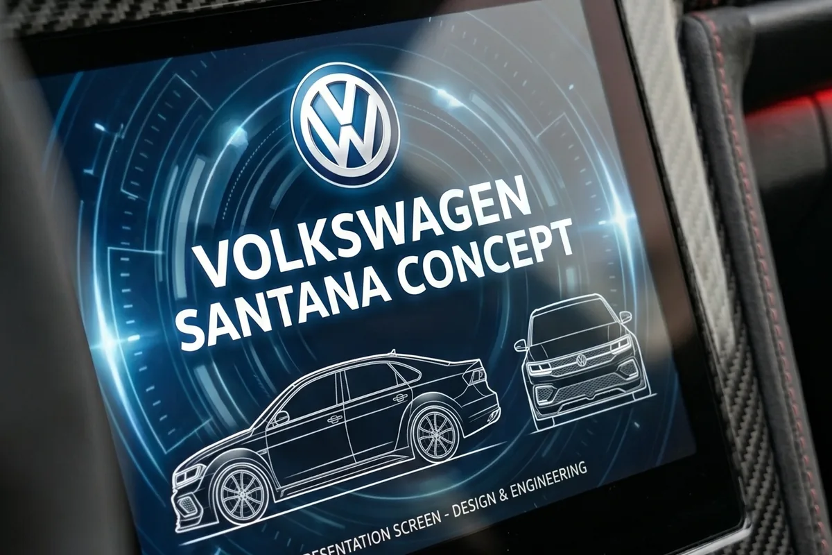 Tela central do Santana conceito exibindo o texto VOLKSWAGEN SANTANA CONCEPT sobre fundo azul com desenhos do carro.