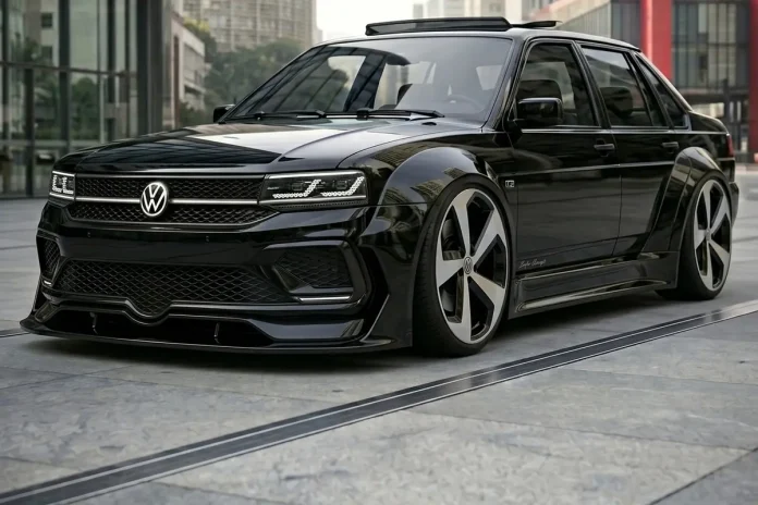 Volkswagen Santana preto em conceito digital, visto de frente em três quartos numa rua com prédios de vidro ao fundo.