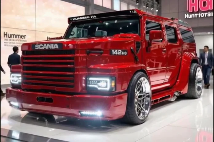 scania-instagram-viral-print-3x2-01 Scania 142HS vermelha em exposição, com frente quadrada, grade larga, faróis LED acesos e carroceria no estilo Hummer.